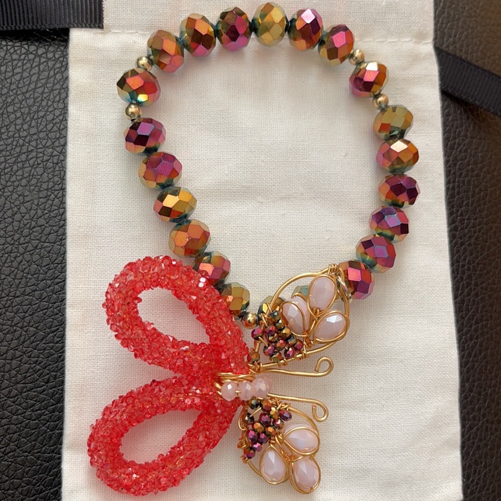 Butterfly tag Bracelet briolette beads made Mexico